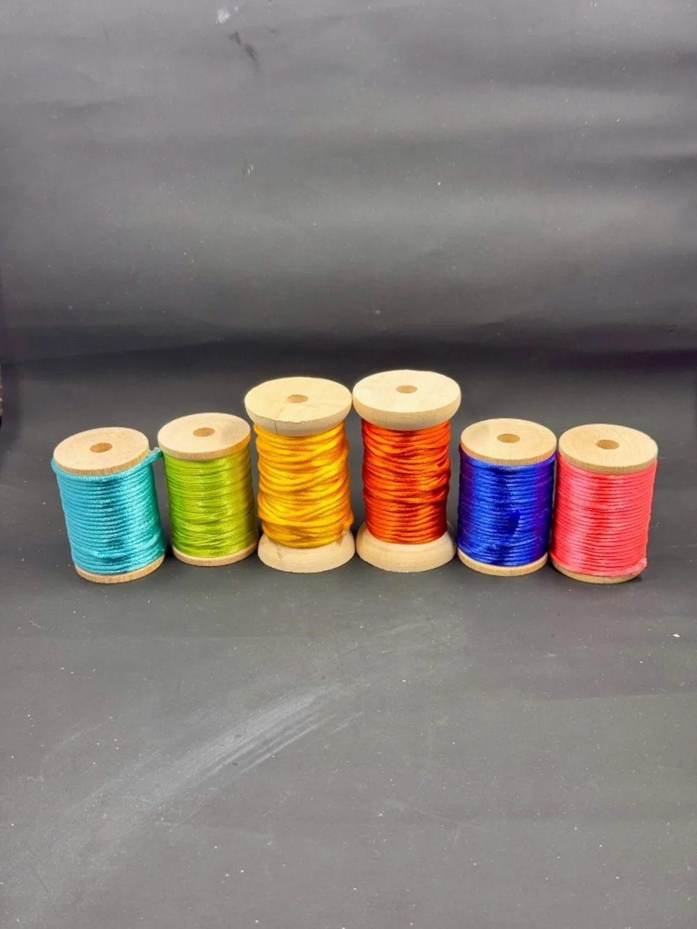 Six Wood Spools of Vibrant Satin Rattail Cording Spools for Crafts